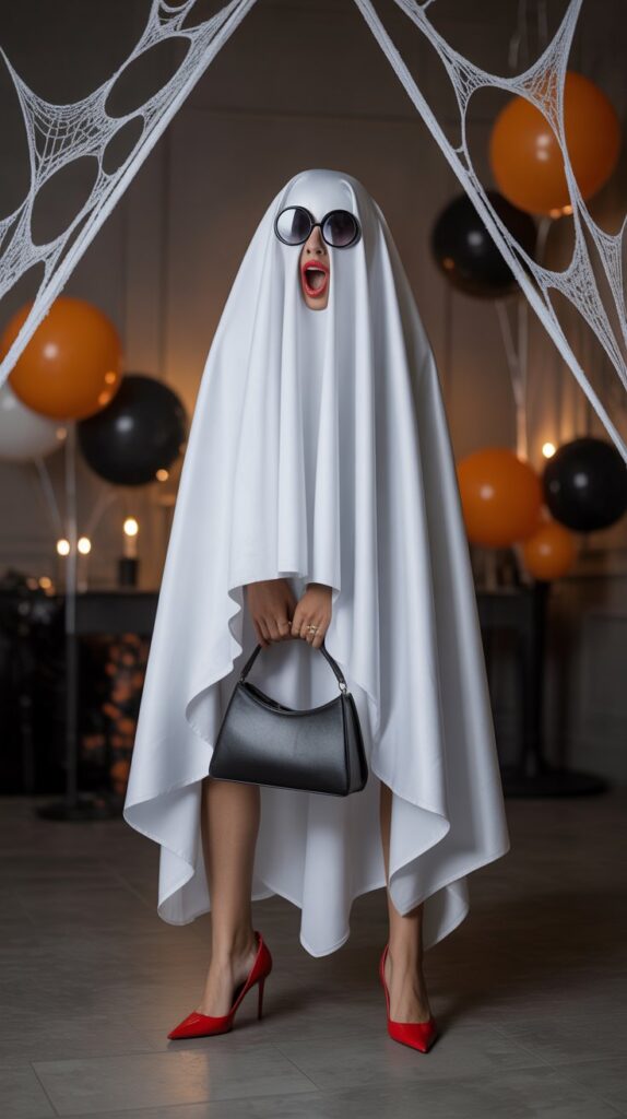 6. The Chic Ghost

You’ve seen the basic sheet ghost costume before, but this version takes it up a notch. Instead of scary, you’re giving cool, stylish ghost vibes. This idea has been trending online because it’s such a clever twist on a classic.